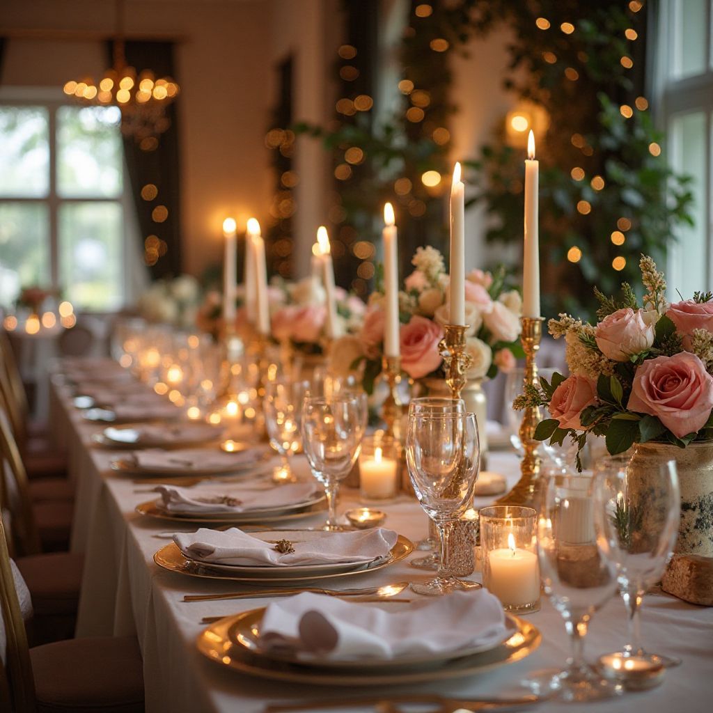 Luxury wedding reception setup with elegant table decorations