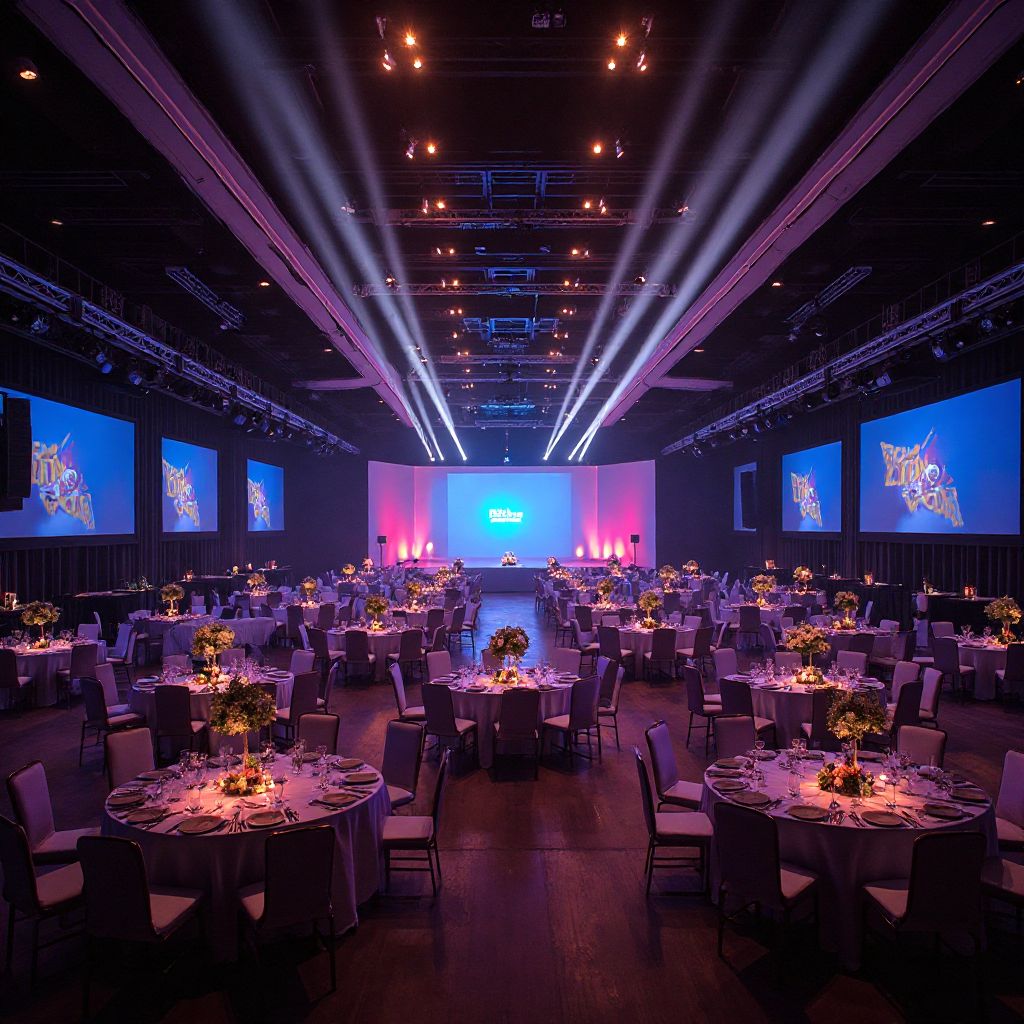 Corporate event venue with modern lighting and professional setup