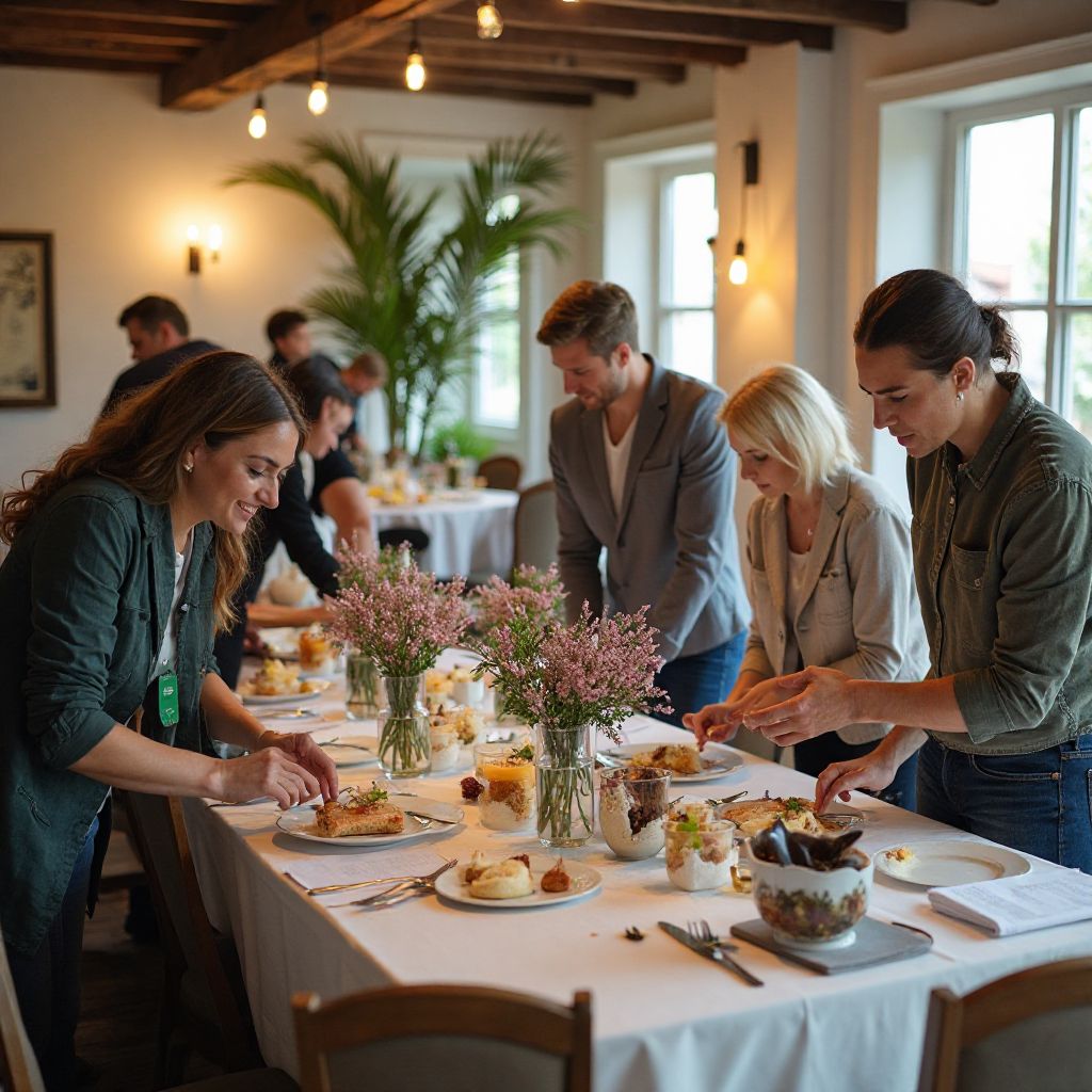 Team working behind scenes organizing event setup and coordination