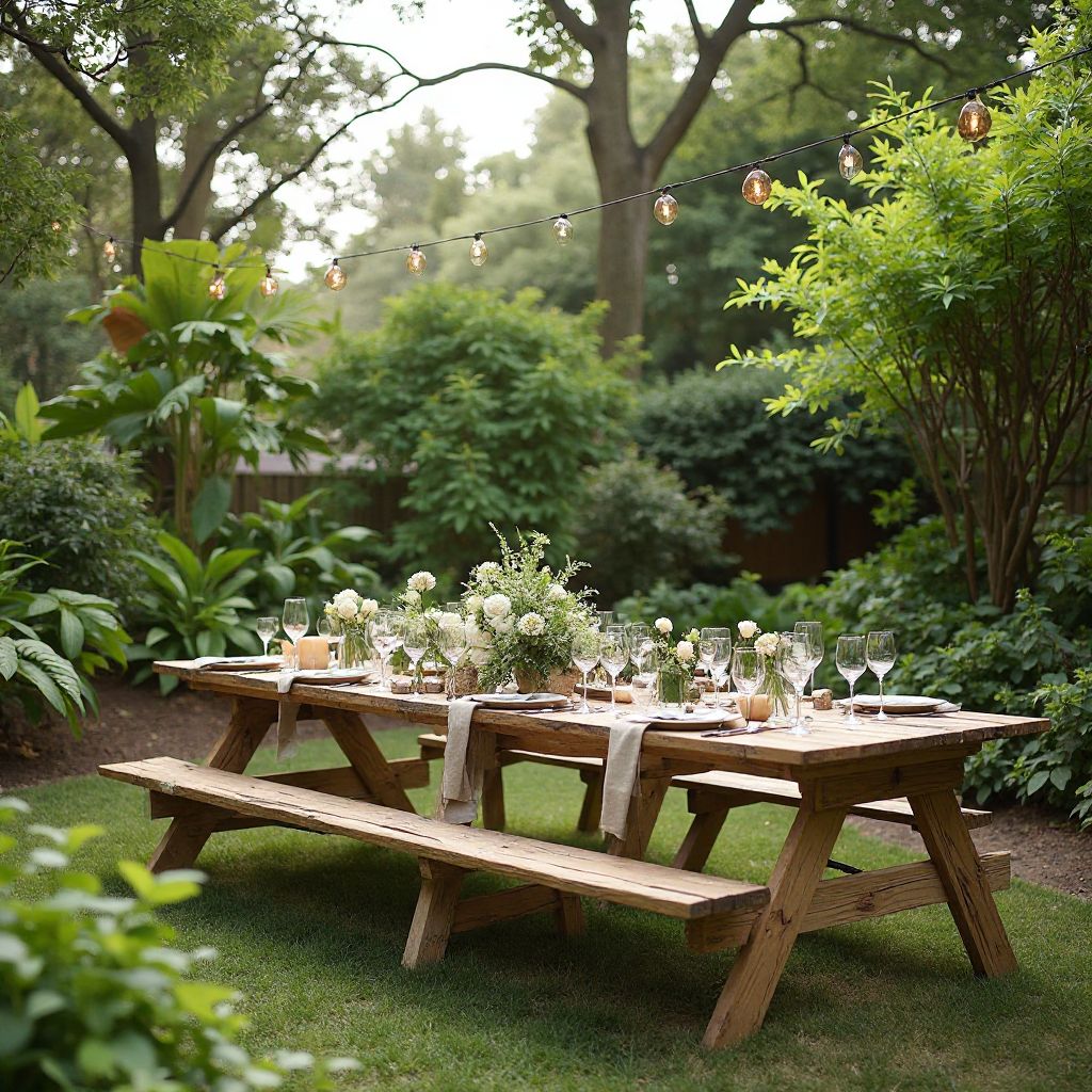 Outdoor garden party with natural decorations and sustainable setup